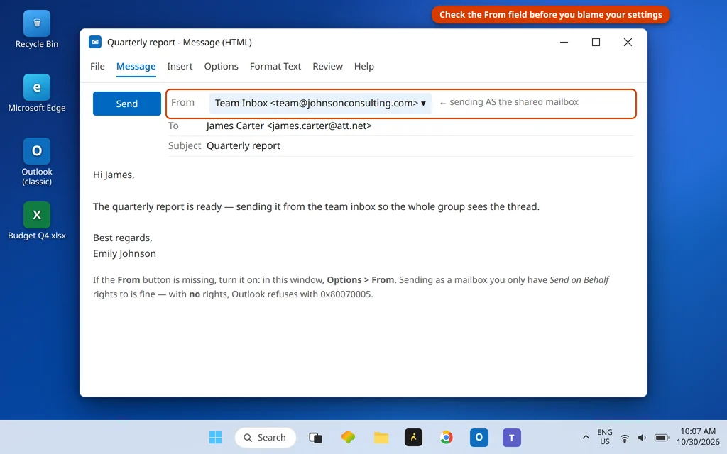 Outlook compose window with the From field showing a shared team mailbox selected