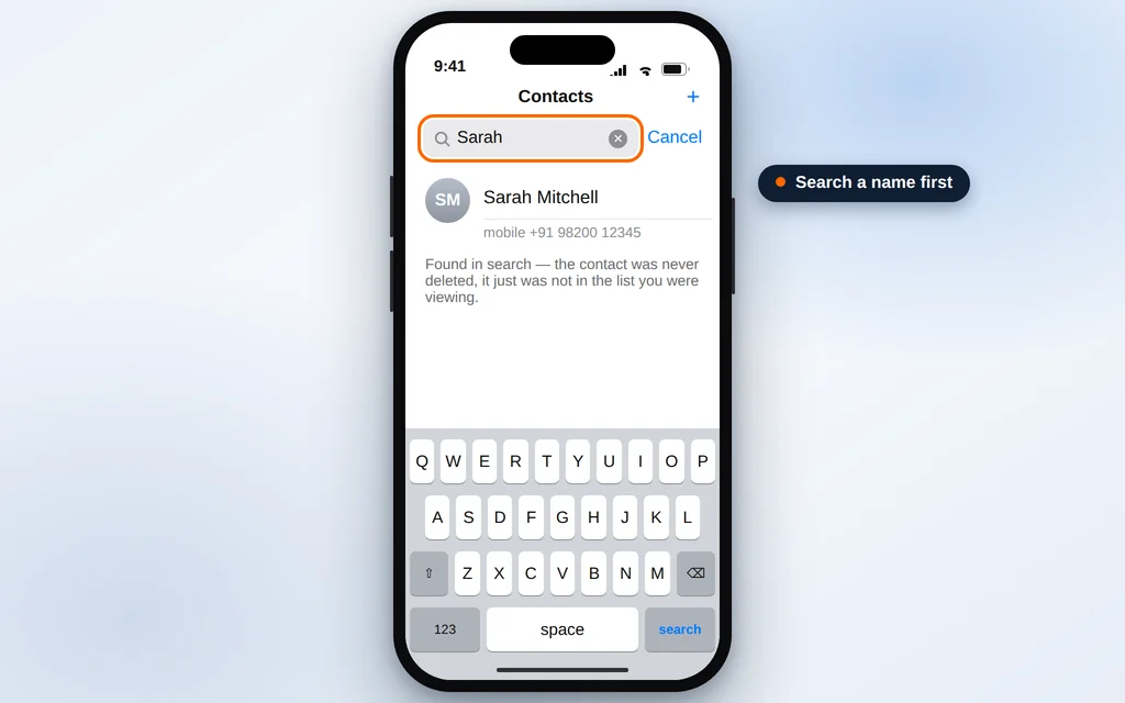 Searching for a contact name in the iPhone Contacts app search field