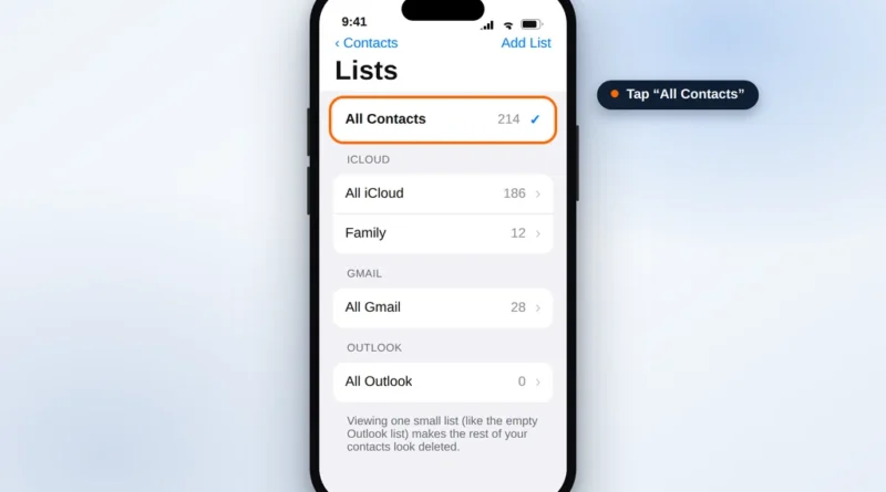 Contacts app Lists screen with All Contacts selected to unhide contacts that disappeared from iPhone