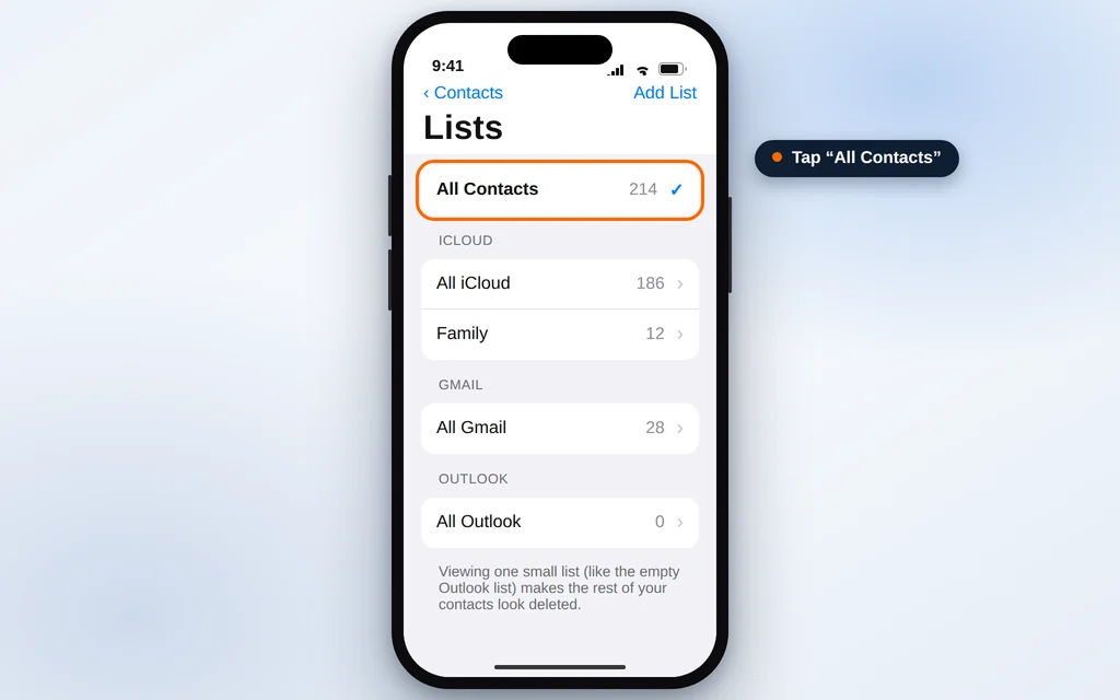 Contacts app Lists screen with All Contacts selected to unhide contacts that disappeared from iPhone
