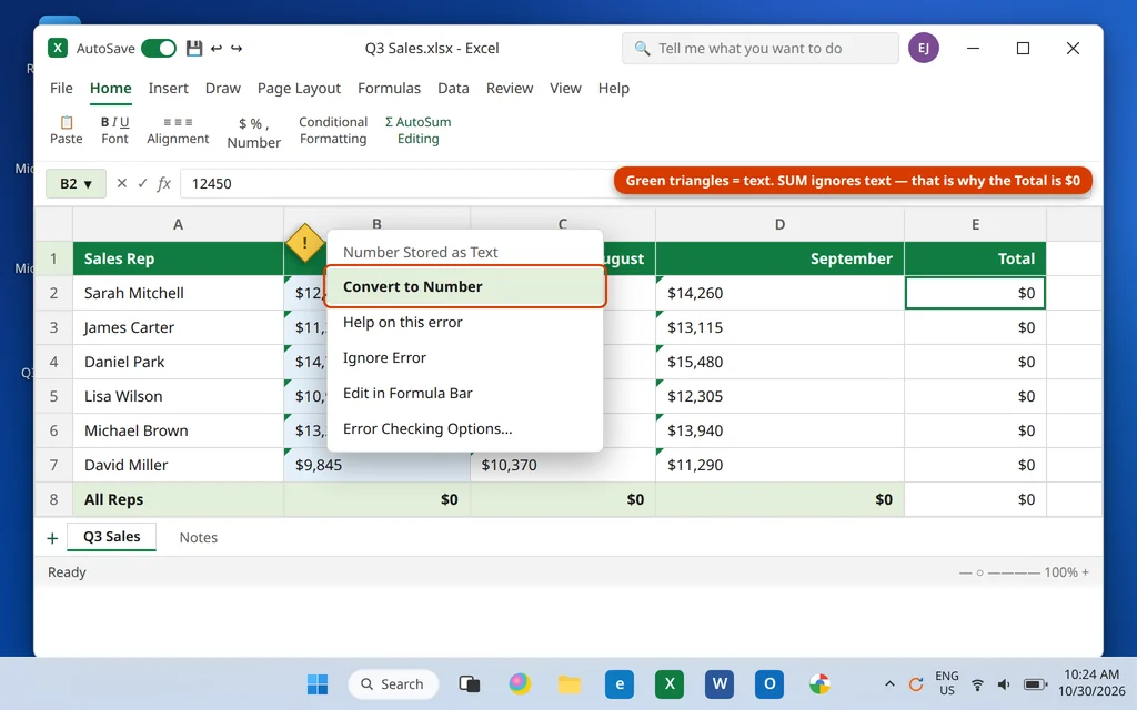 Numbers stored as text with green triangles and the Convert to Number option that fixes them