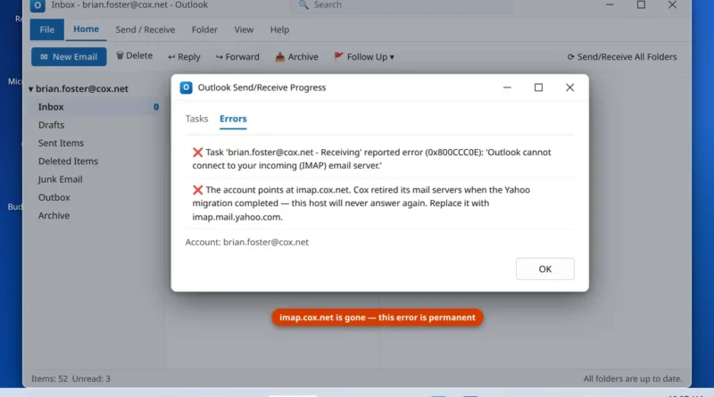 Outlook Send Receive error showing the connection to the old imap.cox.net server failing because the Cox servers were retired in the Yahoo move