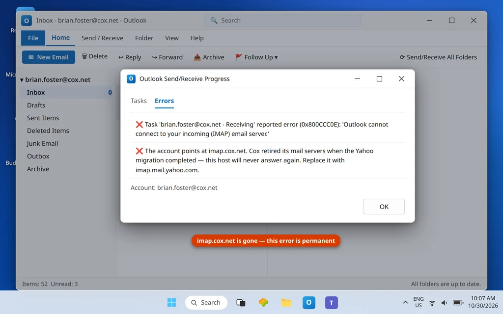Outlook Send Receive error showing the connection to the old imap.cox.net server failing because the Cox servers were retired in the Yahoo move