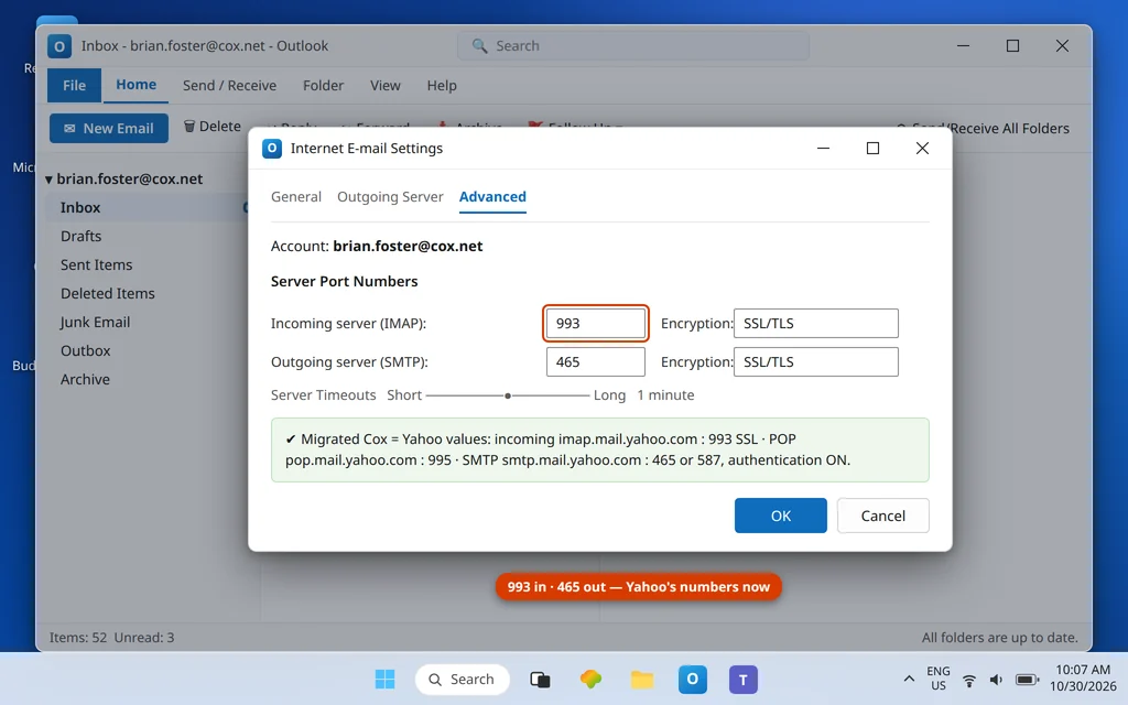 Outlook Advanced settings showing Yahoo incoming port 993 SSL and outgoing port 465 for the migrated Cox account