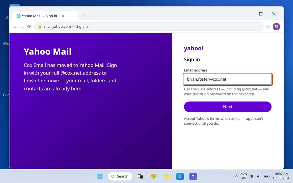 Yahoo Mail sign-in page where the full cox.net email address is entered to complete the transition from Cox email