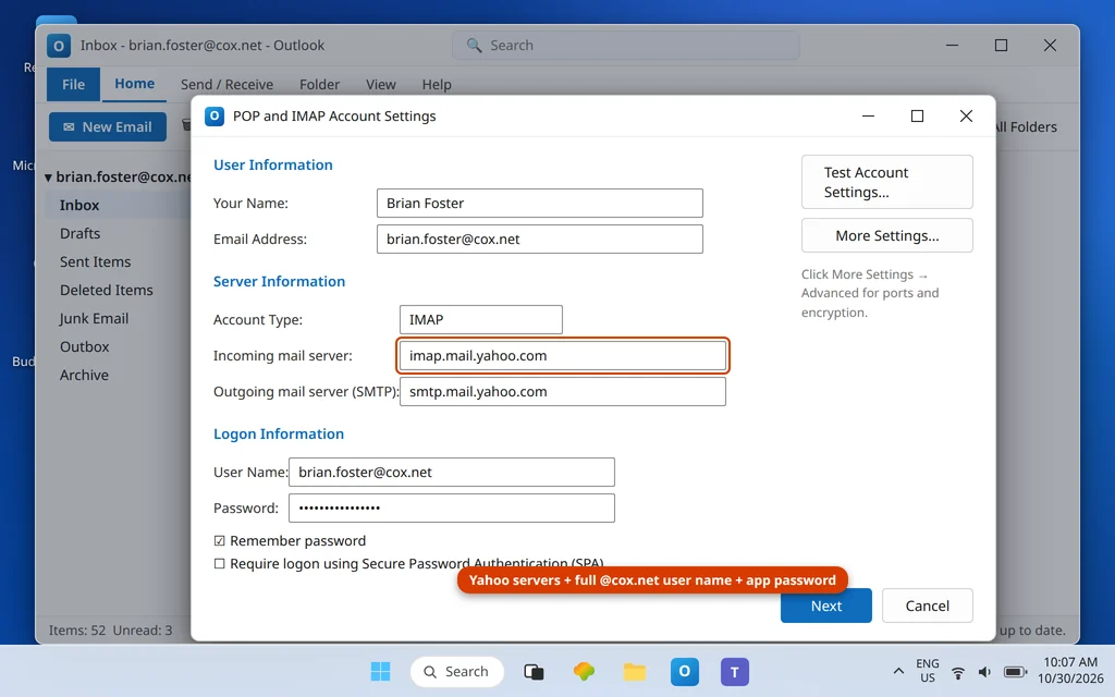 Outlook account settings for a cox.net account showing the Yahoo servers imap.mail.yahoo.com and smtp.mail.yahoo.com with the full address as the user name
