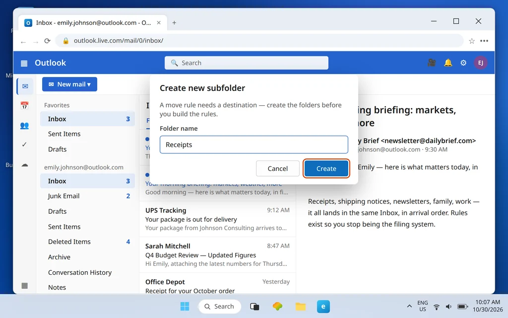 Outlook.com folder pane with the Create new subfolder dialog open to make a destination folder for a rule