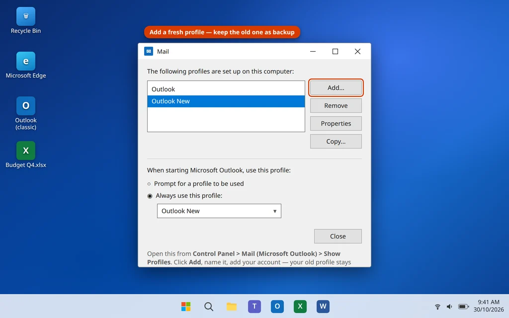 Create a new Outlook profile from Control Panel Mail Show Profiles to fix search