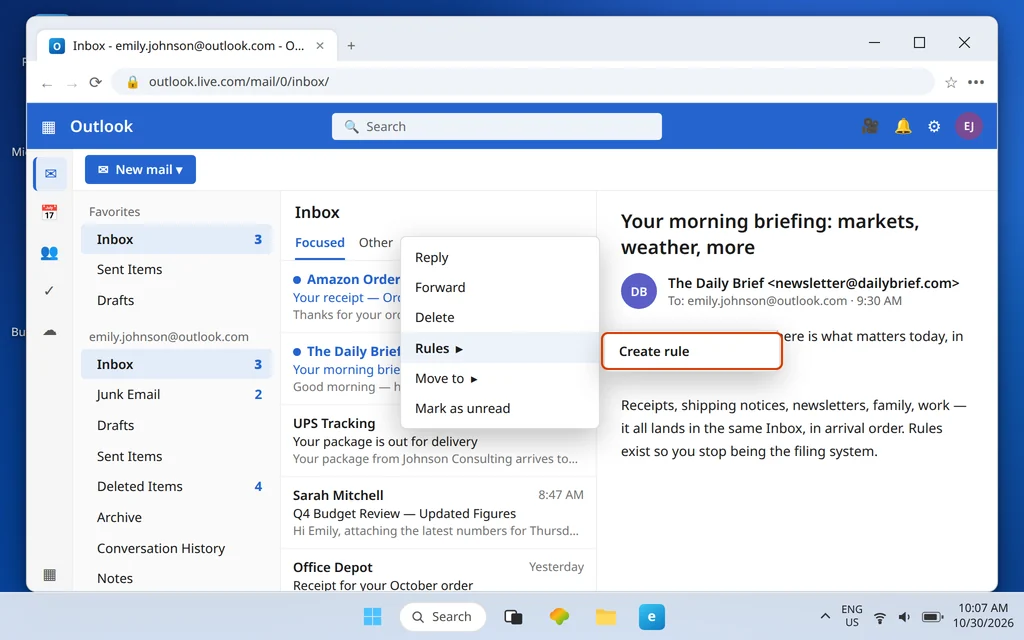 Outlook.com message right-click menu with Rules and Create rule highlighted to build a rule from a real email