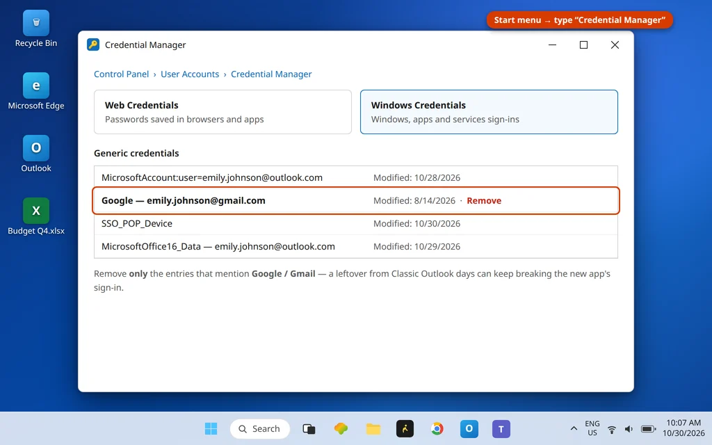 Windows Credential Manager Windows Credentials page with a generic credential mentioning Google highlighted for removal