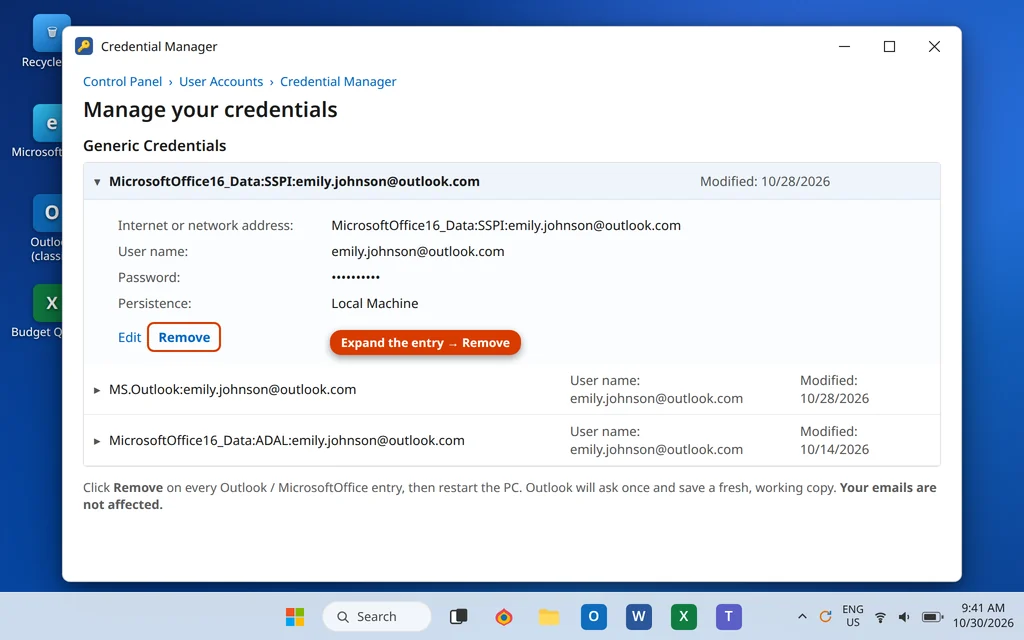 Removing a saved Microsoft Office credential entry in Credential Manager so Outlook asks for the password fresh