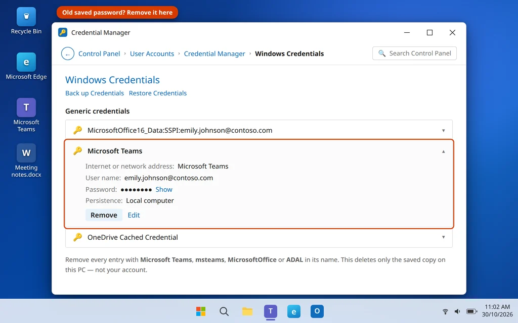 Windows Credentials in Credential Manager with a Microsoft Teams entry expanded and Remove highlighted