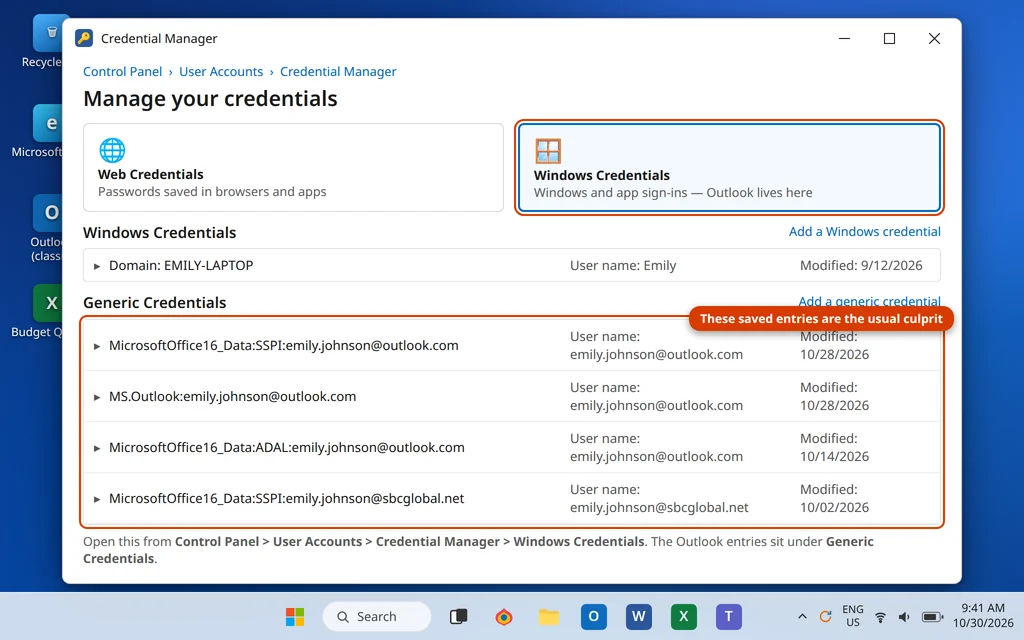 Credential Manager Windows Credentials page showing saved Microsoft Office and Outlook credential entries