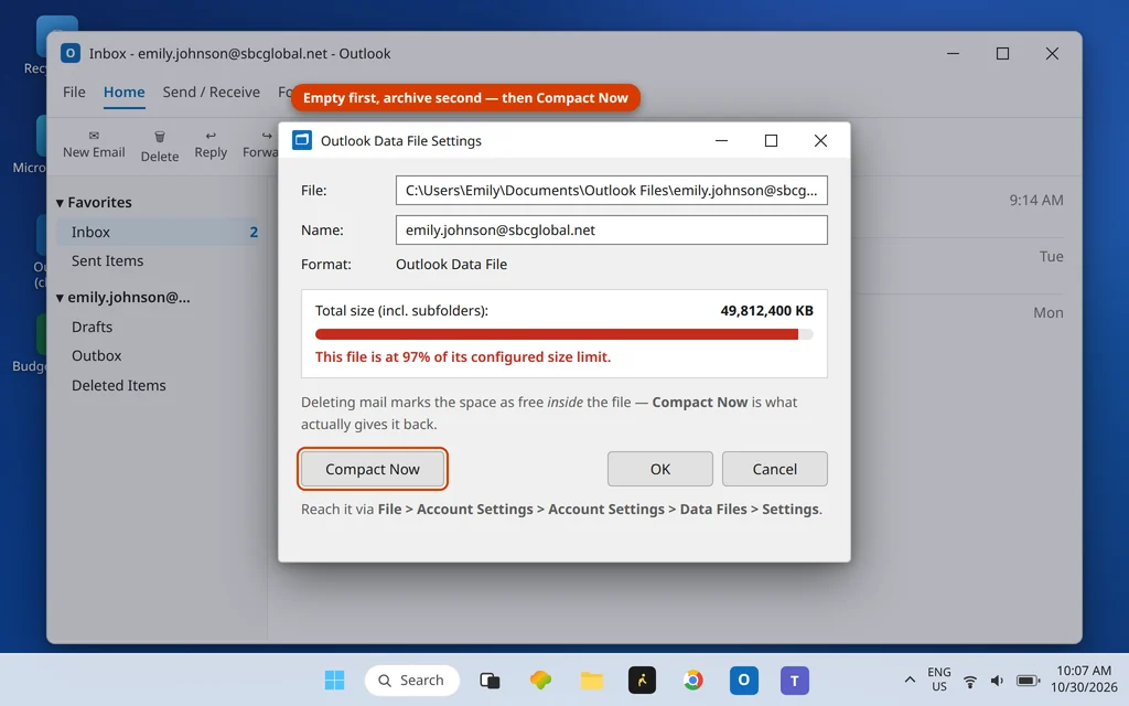 Outlook data file Settings dialog with Compact Now button and data file size near the limit