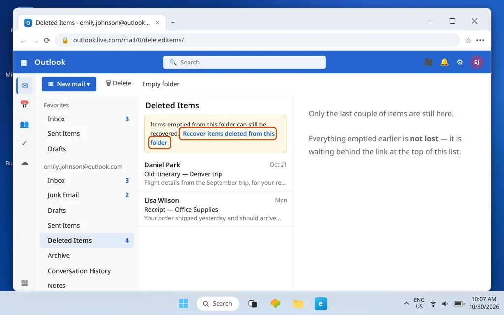 Outlook.com Deleted Items folder with the Recover items deleted from this folder link highlighted at the top of the list