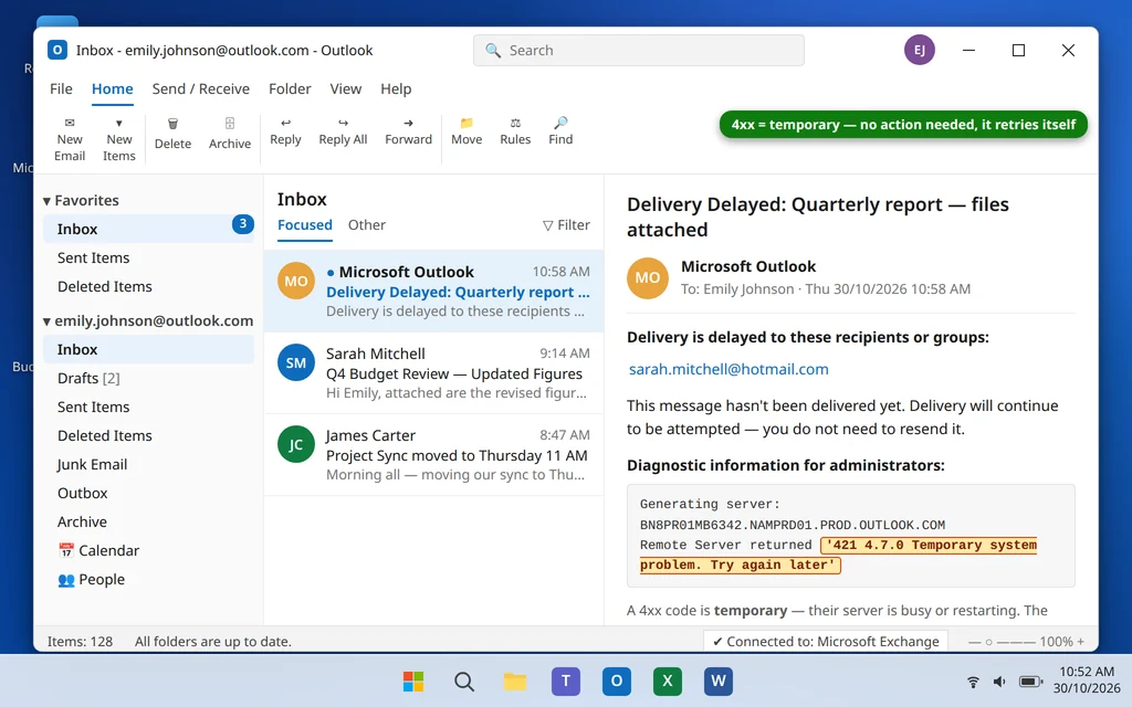 Delivery delayed notification in Outlook showing a temporary 421 4.7.0 error while the server keeps retrying