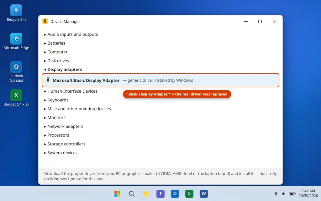 Device Manager showing Microsoft Basic Display Adapter, the generic driver that makes a PC slow after a Windows 11 update