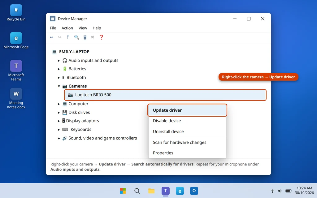 Update driver for the camera in Device Manager on Windows 11