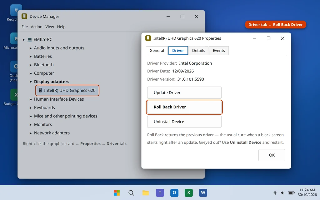 Roll Back Driver button in the display adapter properties in Device Manager