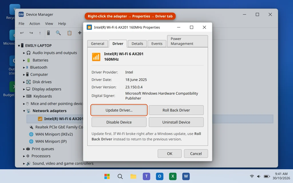 WiFi adapter Driver tab in Device Manager with Update Driver and Roll Back Driver buttons