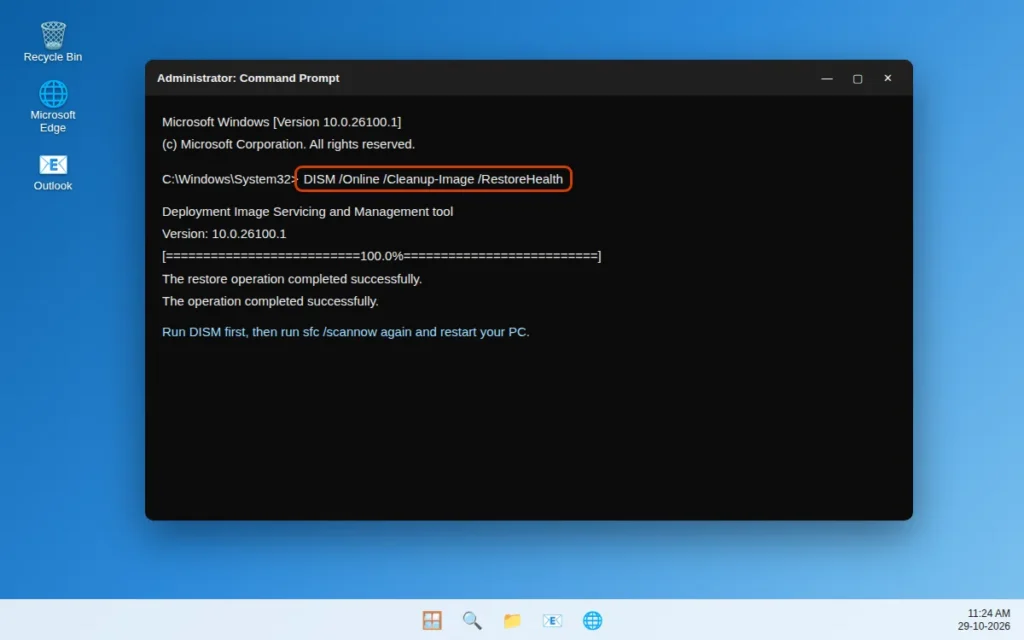 Running DISM Online Cleanup-Image RestoreHealth command in administrator Command Prompt
