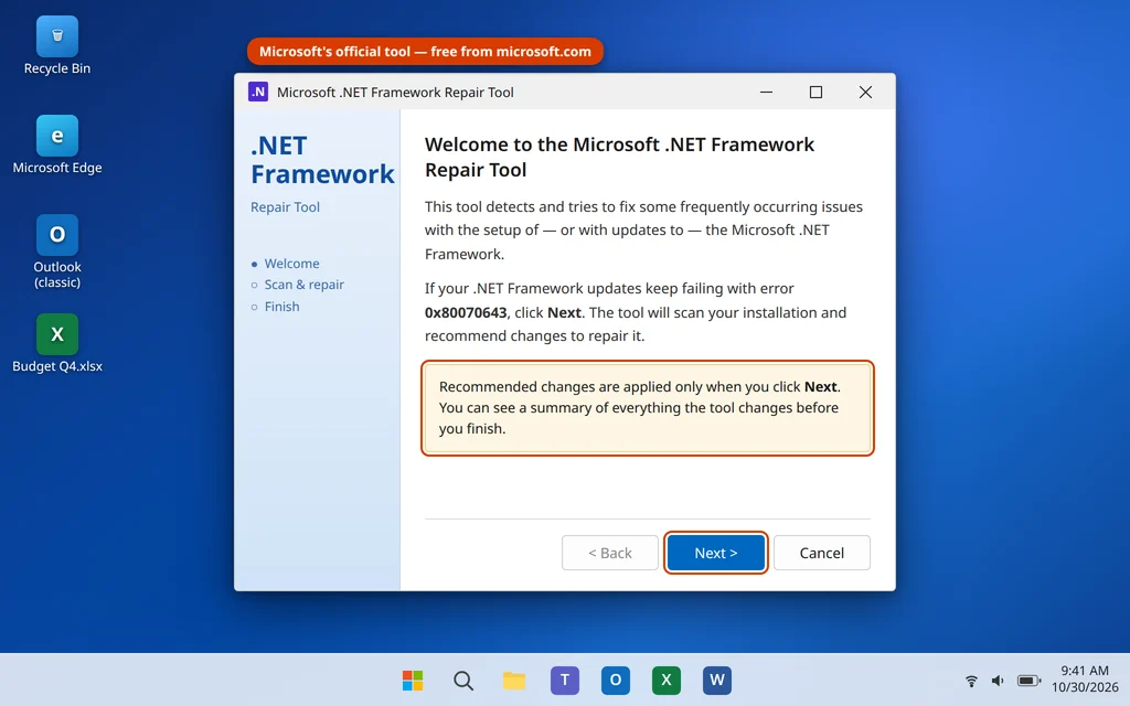 Microsoft .NET Framework Repair Tool window ready to scan and repair a damaged .NET installation