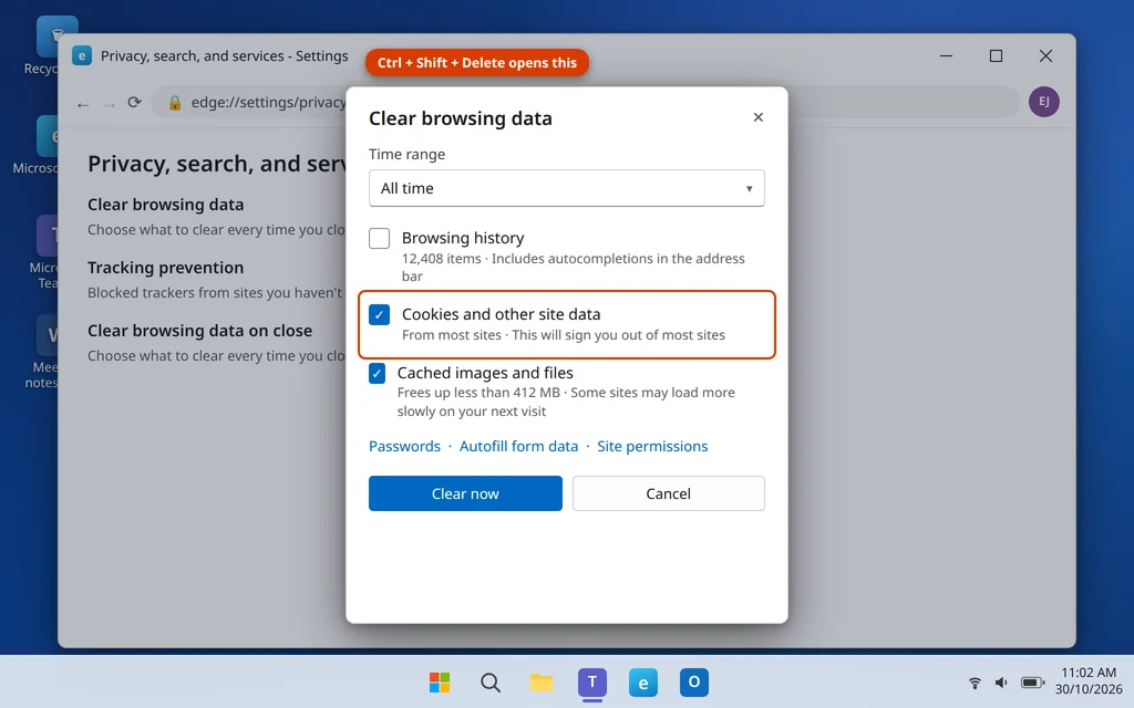 Clear browsing data dialog in Microsoft Edge with cookies checked and All time selected
