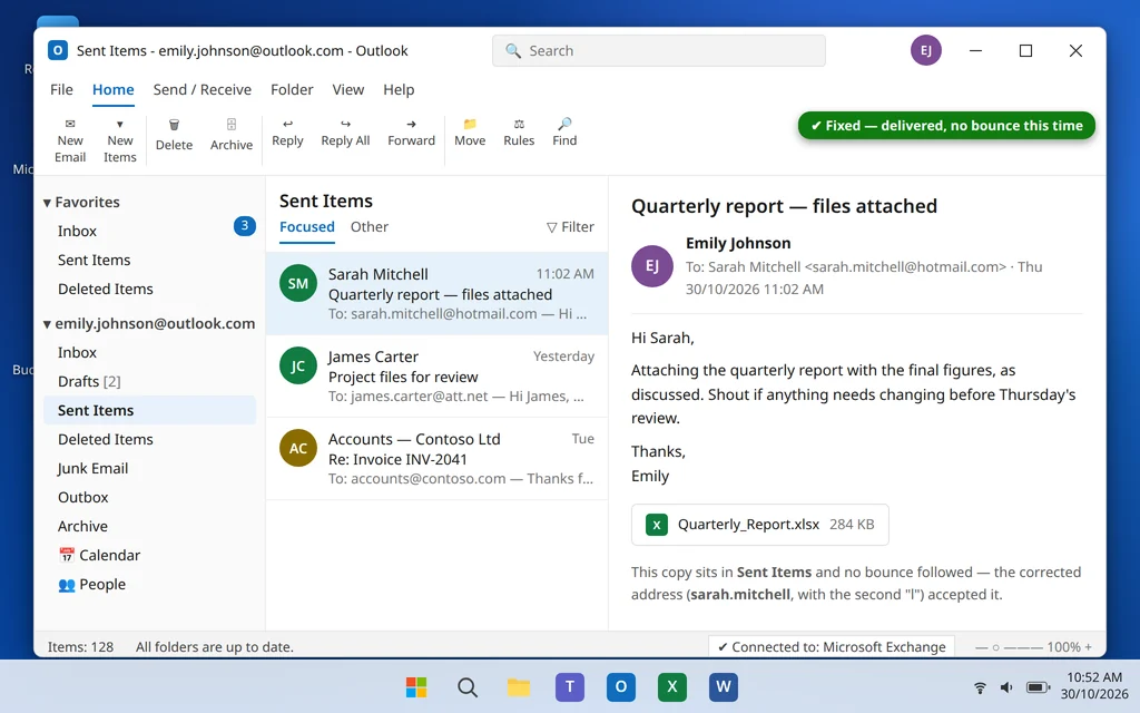 Sent Items folder in Outlook showing the email successfully sent after fixing the bounce
