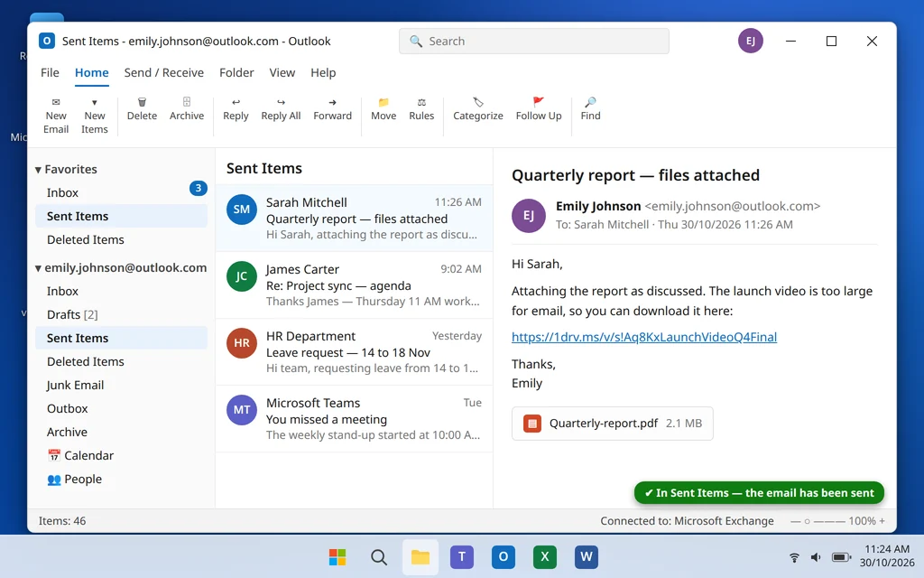Sent Items folder in Outlook showing the email successfully sent