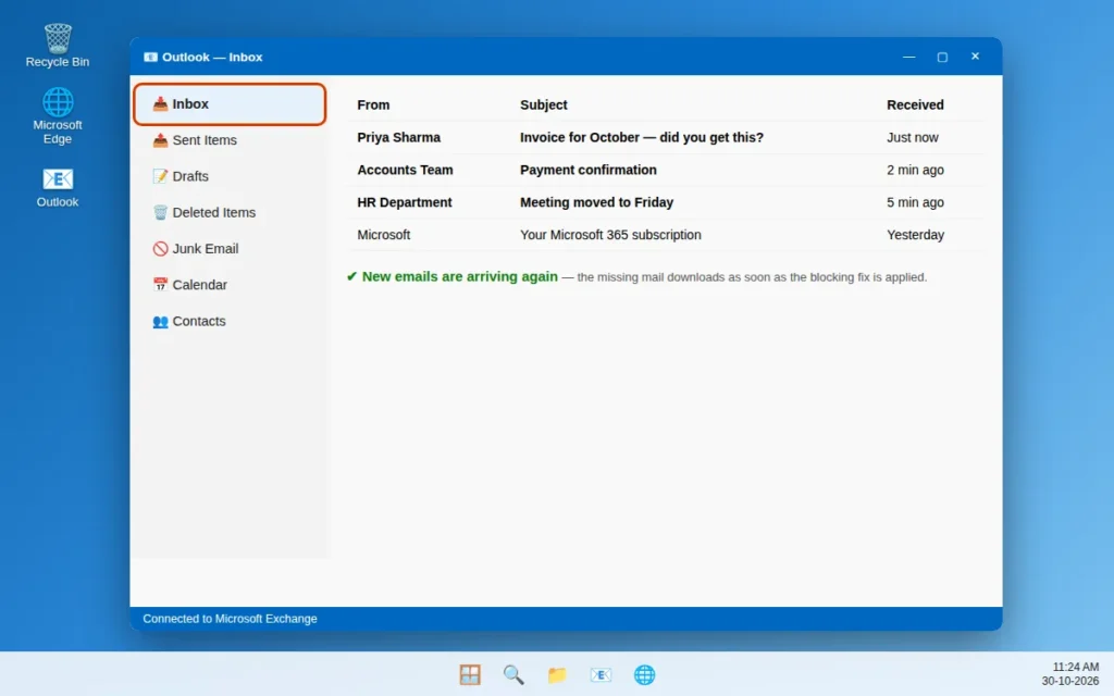 Outlook inbox receiving new emails again after applying the fixes