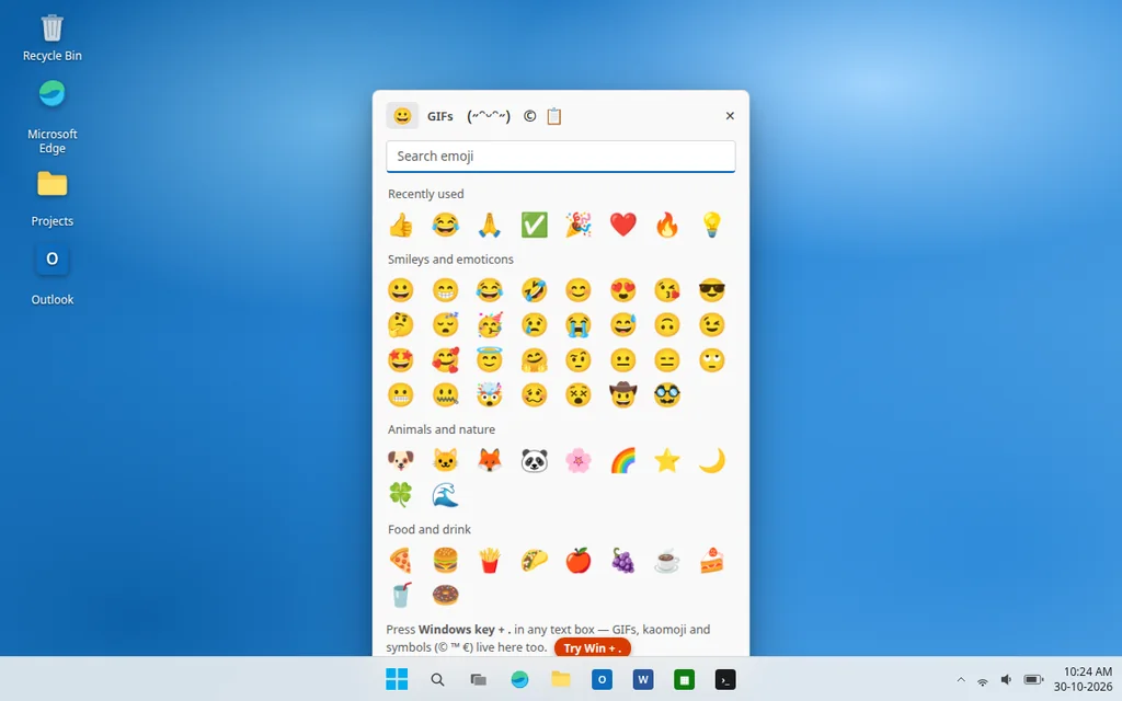 Emoji panel in Windows 11 opened with Windows key plus period