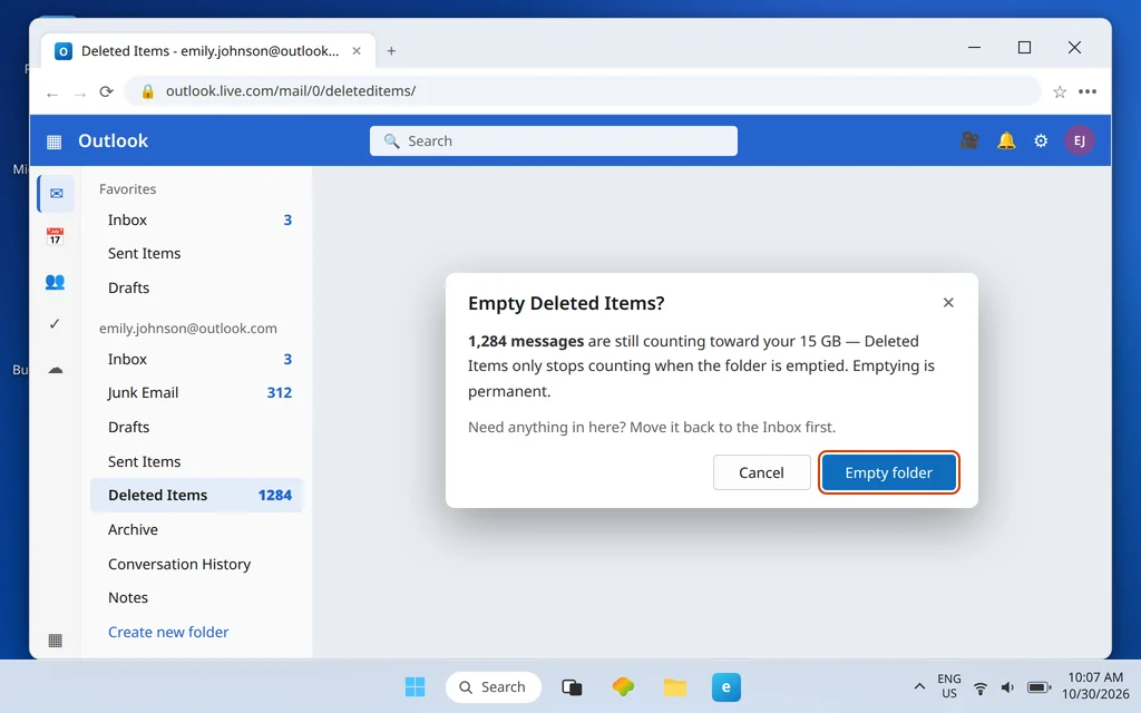 Outlook.com Empty Deleted Items confirmation showing 1,284 deleted messages still counting toward the 15 GB email storage limit until the folder is emptied