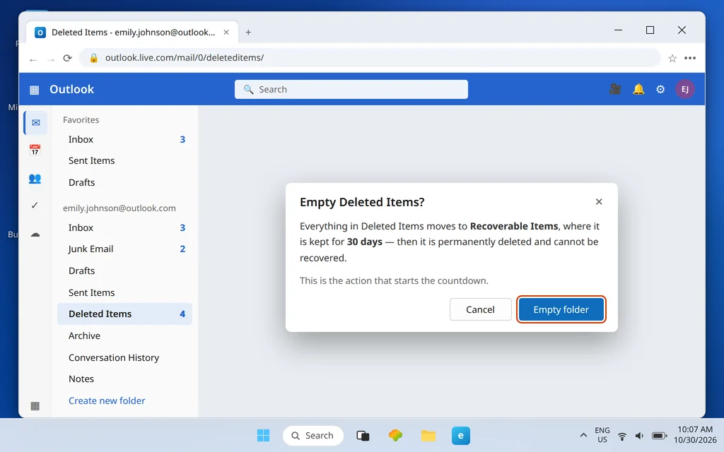Outlook.com confirmation dialog for emptying the Deleted Items folder, the action that starts the 30-day Recoverable Items countdown