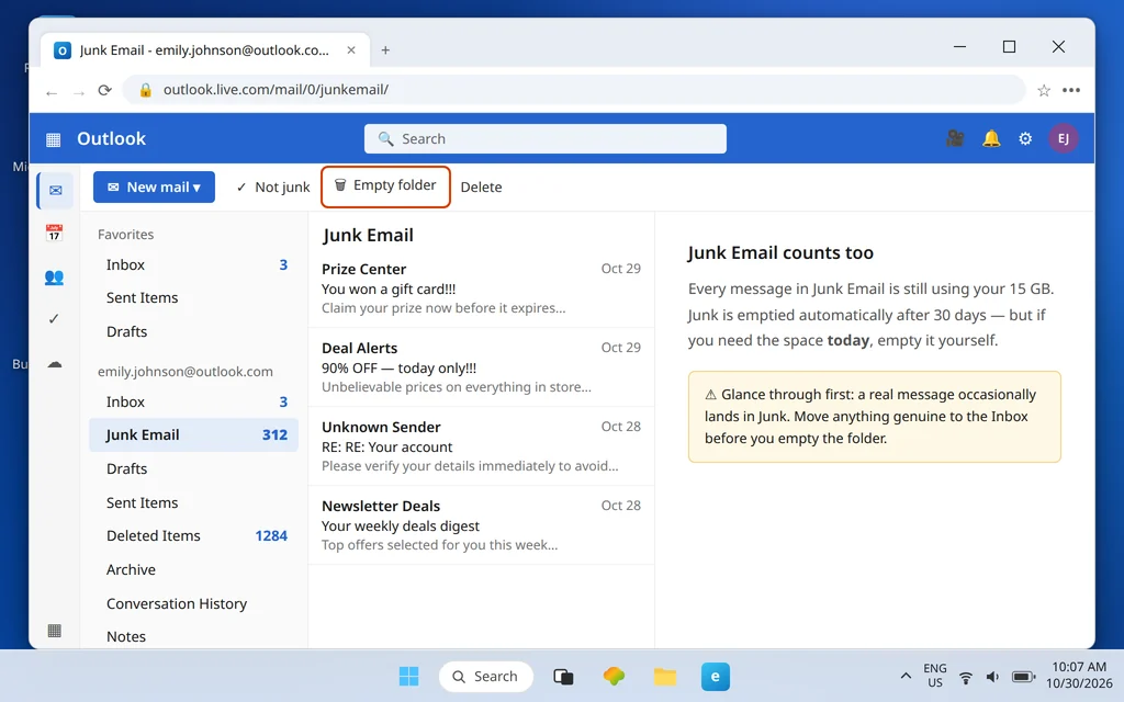 Outlook.com Junk Email folder with Empty folder highlighted — junk mail counts toward Outlook.com storage until it is emptied