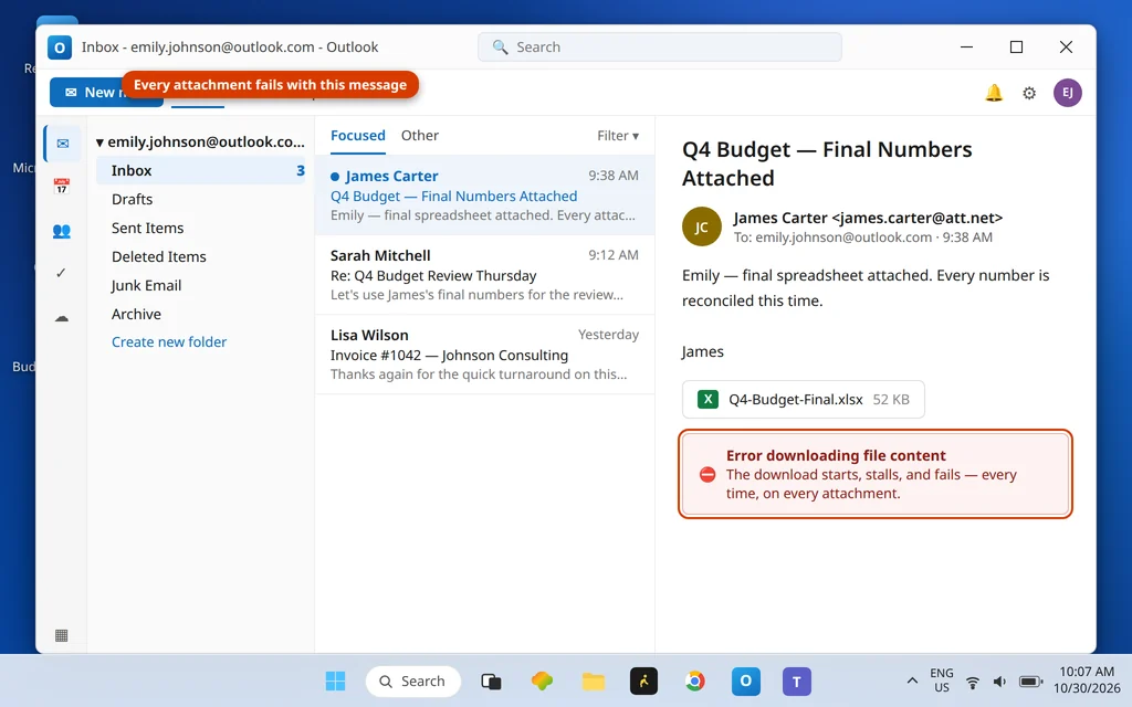 New Outlook reading pane showing an attachment with the Error downloading file content message
