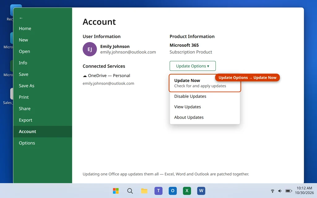 Update Options and Update Now on the Excel File Account page to update Office