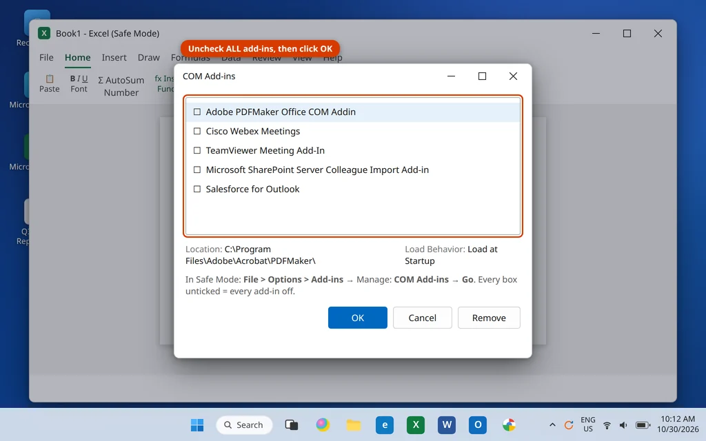 COM Add-ins dialog in Excel with all add-ins unchecked in Safe Mode