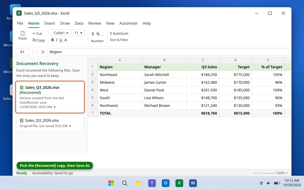 Document Recovery pane in Excel showing a recovered version of a workbook after a crash