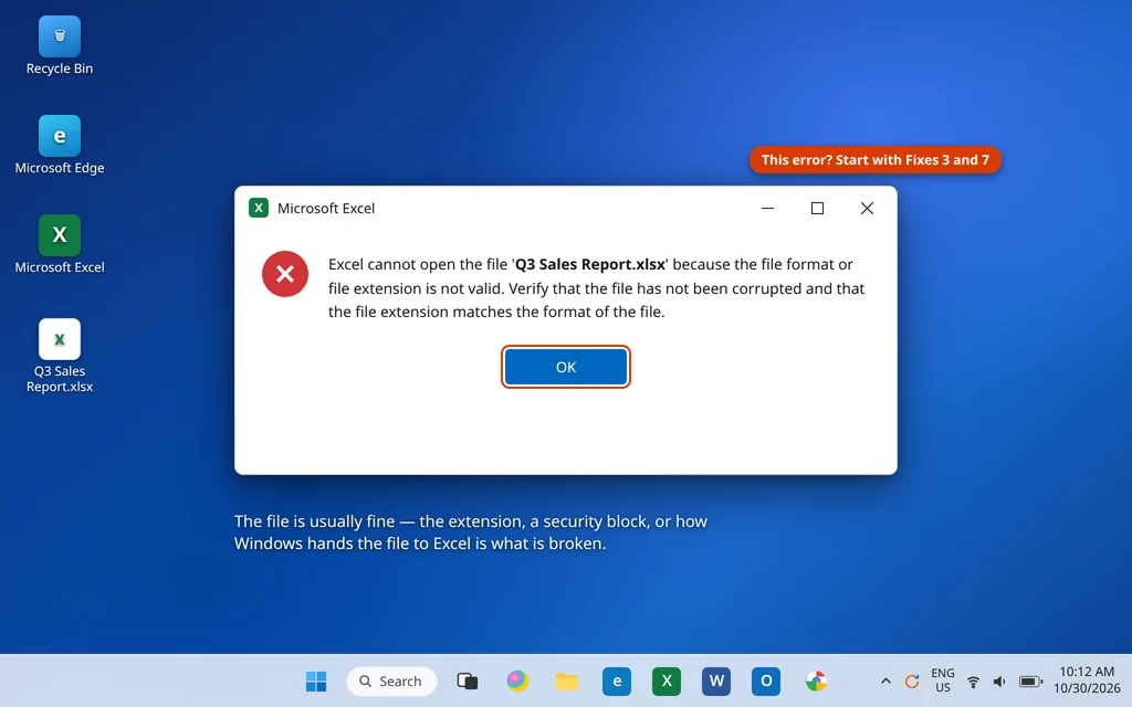Excel cannot open the file because the file format or file extension is not valid error on Windows 11