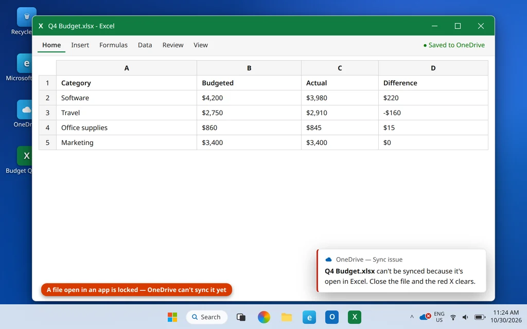 A spreadsheet open in Excel while OneDrive shows a sync issue because the file is locked