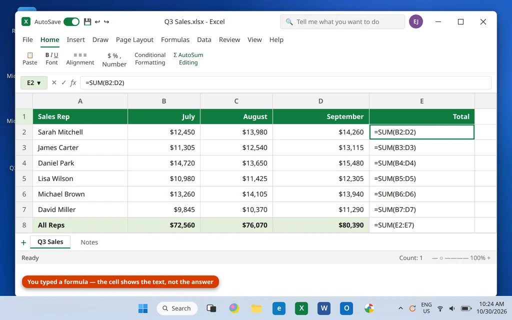 Excel formulas not working - the Total column shows the SUM formulas as text instead of results