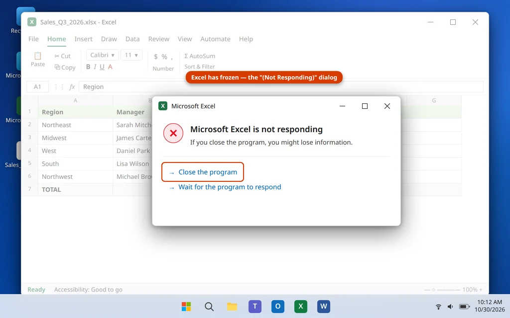Microsoft Excel is not responding dialog on Windows 11 with Close the program and Wait options