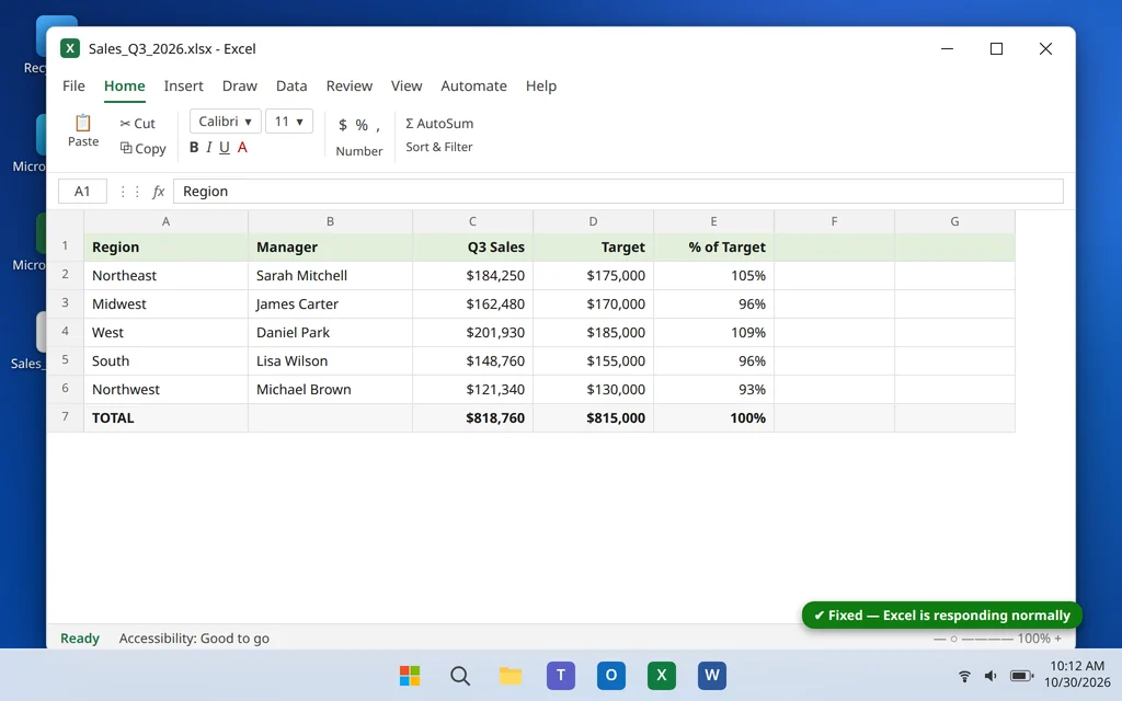 Microsoft Excel opened normally with a workbook after fixing Excel not responding