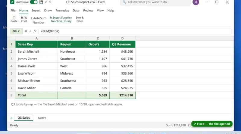 Excel file opened successfully showing the spreadsheet after the fixes