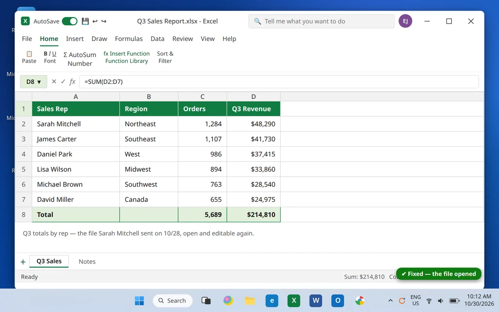 Excel file opened successfully showing the spreadsheet after the fixes
