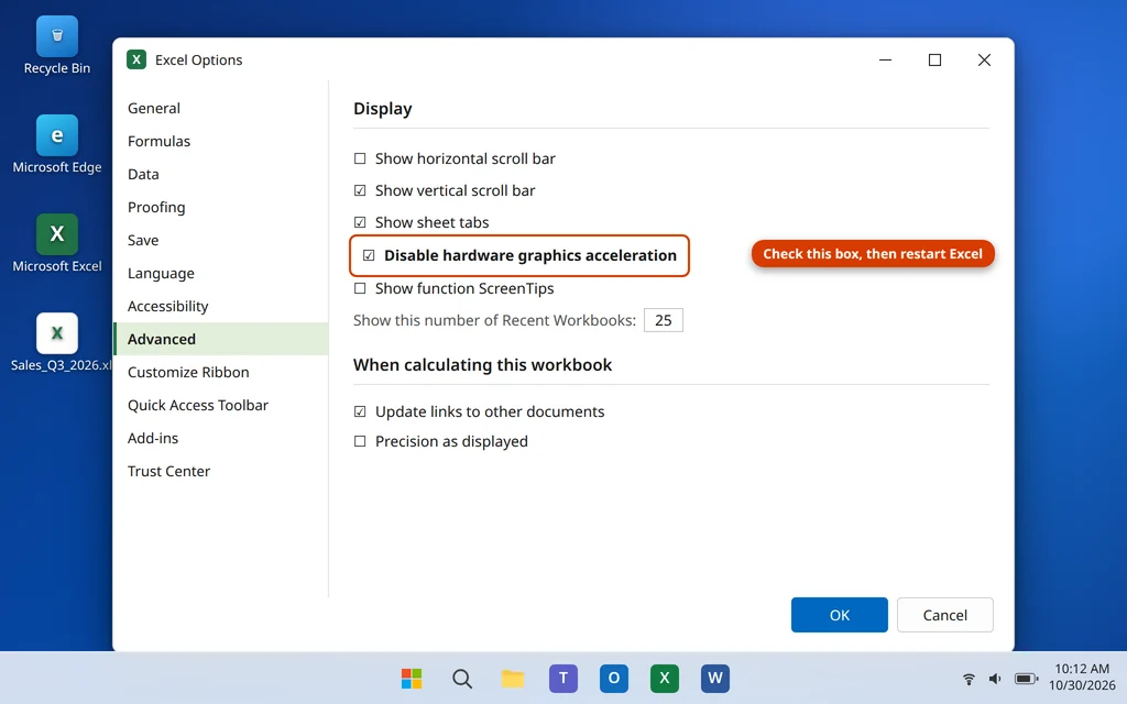 Excel Options Advanced Display section with Disable hardware graphics acceleration checked