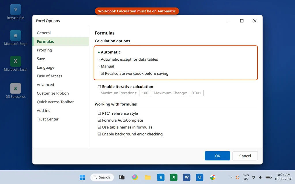 Excel Options Formulas page with Workbook Calculation set to Automatic