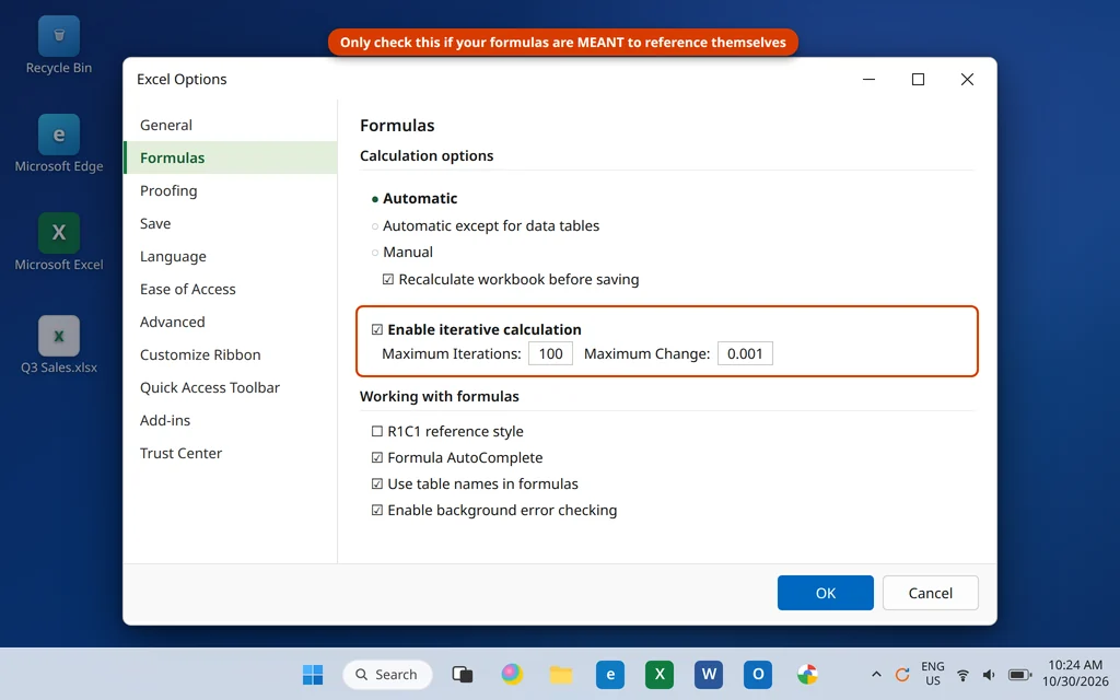 Enable iterative calculation in Excel Options Formulas for intentional circular references