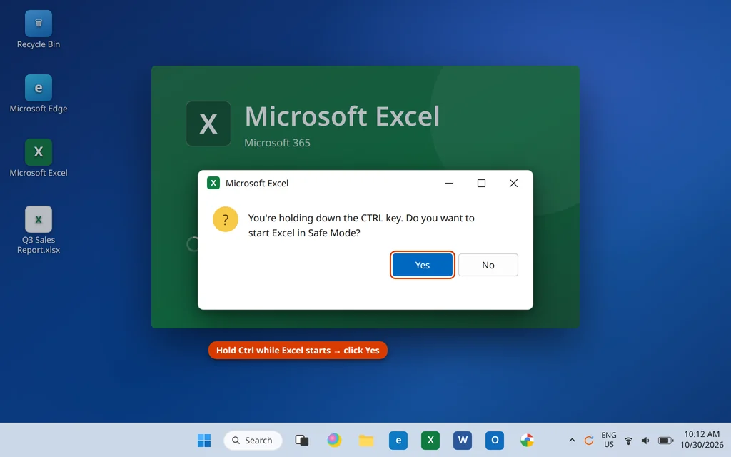 Hold Ctrl to start Microsoft Excel in Safe Mode when a file will not open