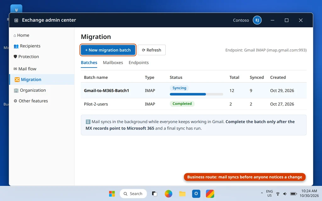 Exchange admin center Migration page showing an IMAP migration batch syncing Gmail mailboxes to Microsoft 365